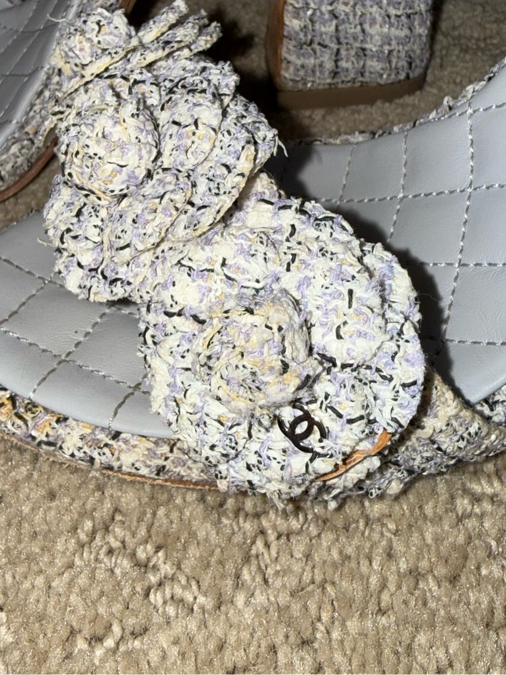 Chanel Purple/White Tweed Camellia Flower Sandals Size 8/38 - Picture 5 of 10